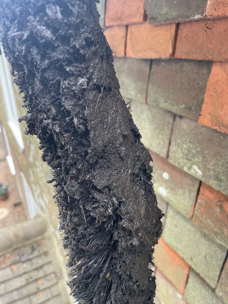 Removed gutter brush heavily coated in dark compacted debris